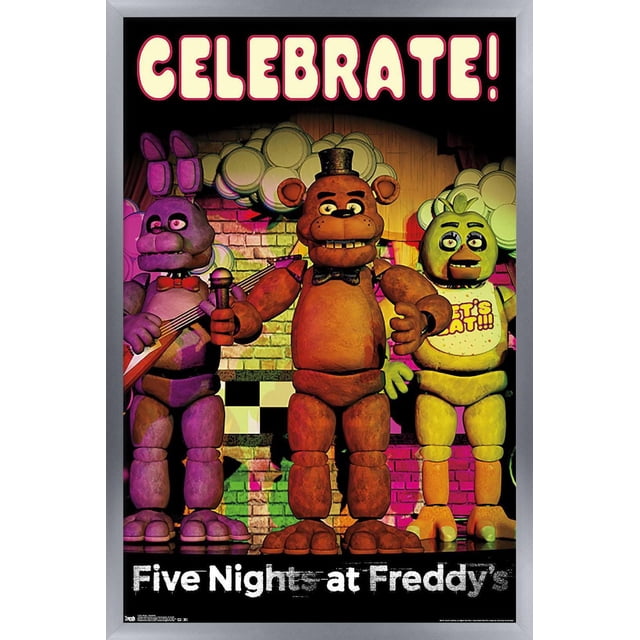 Five Nights at Freddy's - Affiche Murale « Celebrate », 14,725 Po x 22,375 Po Encadrée Présentant Trois Personnages Animatroniques sur une Scène avec un Mur de Briques et des Décorations de Ballons derrière, le Mot « Celebrate! » en Grandes Lettres Crème en Haut, et le Titre du Jeu en Texte Blanc Vieilli en Bas, Idéal pour une Déco Murale de Salle à Thème Ou de Fête.