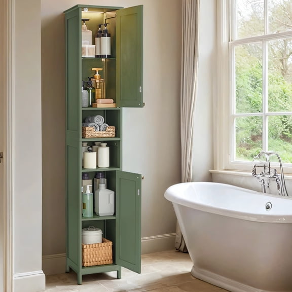 Armoire de Salle de Bain Haute avec Lumières, Armoire de Rangement de Salle de Bain Mince Autoportante avec Tablettes Ajustables, pour Petits Espaces, Moderne, 30 cm de Large, Vert Forêt