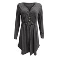 thumbnail image 3 of Pompotops Femmes Casual Couleur Unie V-Cou de la Mode à Manches Longues Bouton Robe Ceinture, 3 of 4