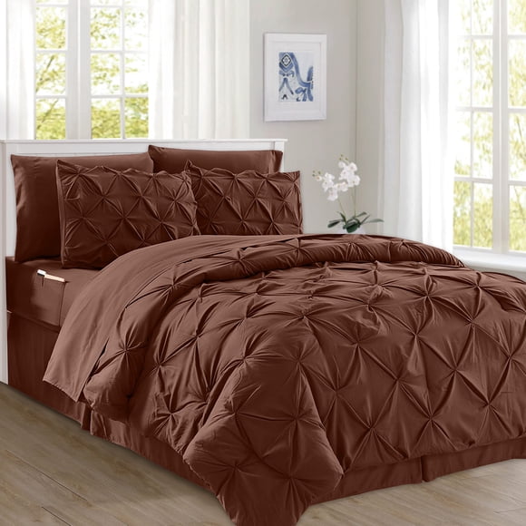 Elegant Comfort 8-Piece Pinch Pleated Comforter Set -All Season Complete Bed in a Bag Includes 4pc Smart Sheet Set Bed Skirt Comforter Matching Pillowcases and Shams Twin/Twin XL Chocolate Brown