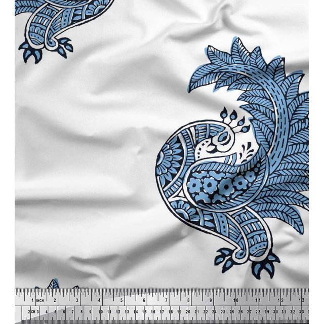 Soimoi Modal Satin Fabric Peacock Block Printed Craft Fabric by The Yard 42 Inch Wide
