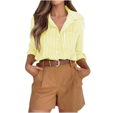 Ymauqau Button down Shirts for Women Long Sleeve Collared Curved Hem Striped Tunic Tops Business Casual Blouses with Pocket