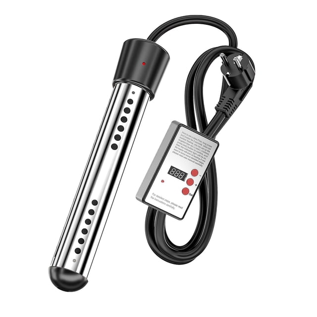 Electric Submersible Water Heater 3000w Swimming Pool Rapid Heating Heating Rod with a stainless steel body and black accents. Features an intelligent timing control panel with a digital display and buttons for easy operation. Includes a durable power cord with an EU plug. Suitable for heating water in inflatable pools, bathtubs, and other containers.