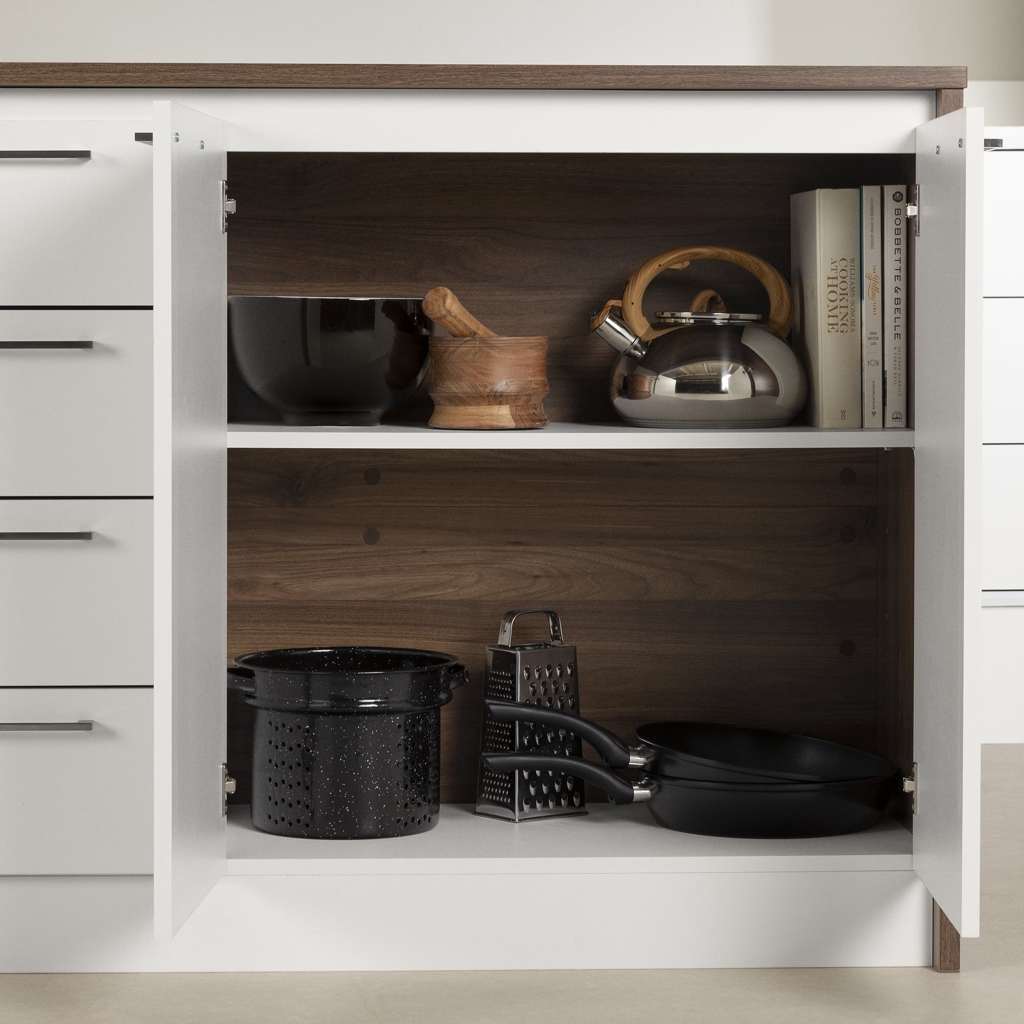 Îlot de cuisine avec rangement, fini Noyer naturel et Blanc, collection Myro de Meubles South Shore