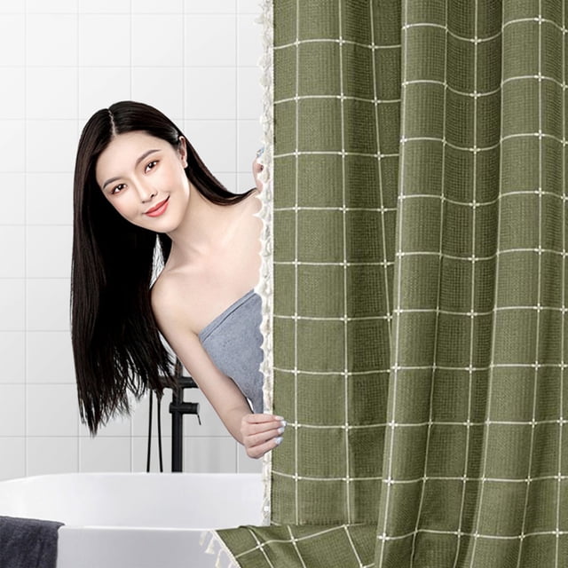 Doublure de Rideau de Douche, Crochets de Rideau de Douche, Rideau de Douche Bohème Style Ferme, Ensemble de Rideau de Douche en Tissu Rayé en Lin Robuste avec Pompon, Hydrofuge, Rideau de Douche en Tissu Bohème Vintage Campagnard