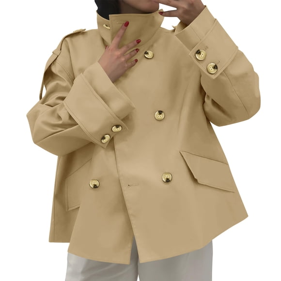 NJDVHB Winter Trench Coat for Women,Jackets for Women Trendy,Womens Short Trench Coat Oversized Double Breasted Stand Collar Cropped Jacket Fall Casual Work Outerwear,Khaki,L