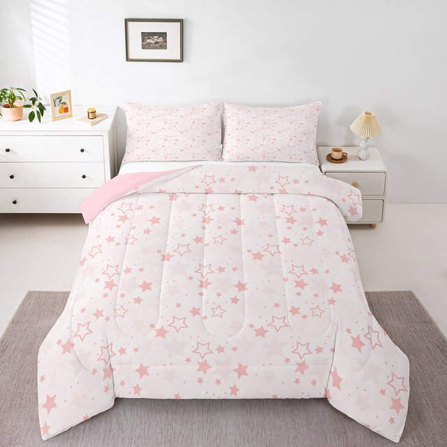 Erosebridal Ensembles de Literie Kawaii Étoiles Roses Grand Lit avec Couette, Insert de Couette Princesse de Rêve, Réversible 3 Pcs