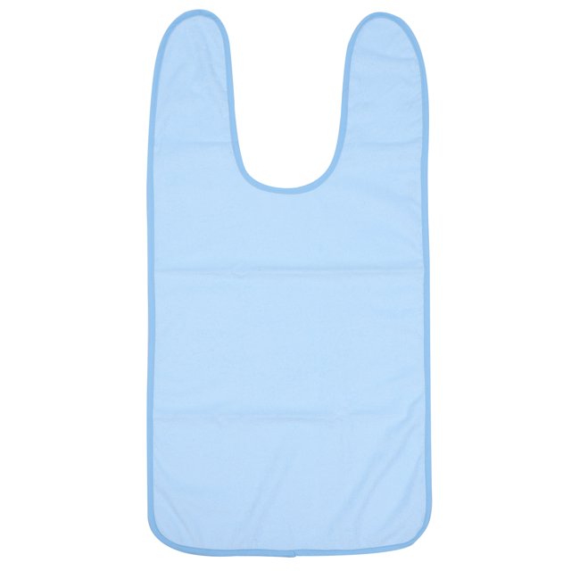 1Pc Creative Adult Elder Bib Eating Waterproof Clothing Protective Bib in a light blue color. Made of polyester, this bib features a U-shaped neckline and a long rectangular design to provide ample coverage. It is designed to protect clothing from stains and spills during meals or activities. The bib is lightweight, waterproof, and suitable for individuals who are bedridden, recovering, or have limited mobility. Its general size fits most adults and combines functionality with a simple, stylish appearance.