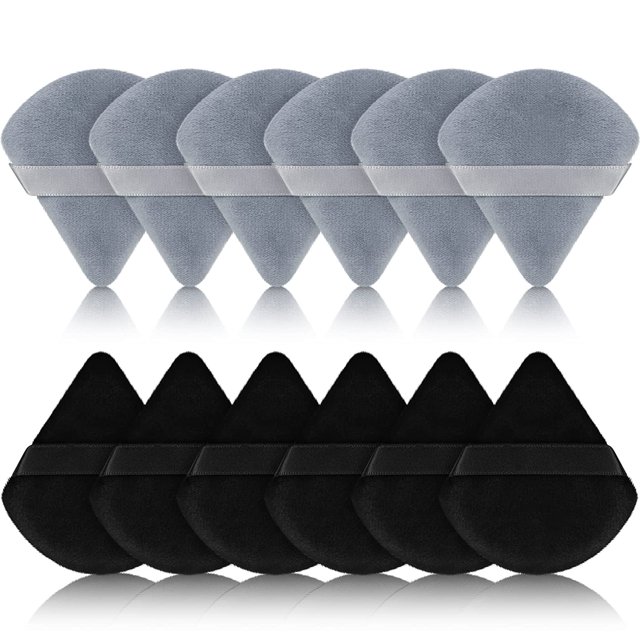 12 Pieces Triangle Powder Puff Face Cosmetic Makeup Puff for Loose Powder Soft Body Washable Reusable Foundation Sponge Mineral Powder Wet Dry Makeup Tool(Black, Gray,Small)