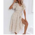 thumbnail image 1 of Xuniizn Robe pour Femmes à Col en V, Manches Courtes, Coupe Ajustée à la Taille, Robe Midi Mode Confortable à Imprimé Floral, Robe d'Été Décontractée, P-2TG, 1 of 3