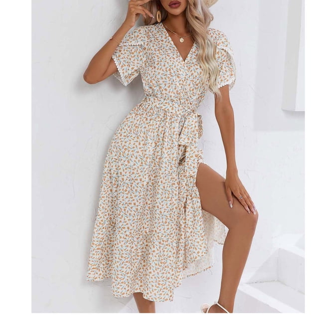 Xuniizn Robe pour Femmes à Col en V, Manches Courtes, Coupe Ajustée à la Taille, Robe Midi Mode Confortable à Imprimé Floral, Robe d'Été Décontractée, P-2TG
