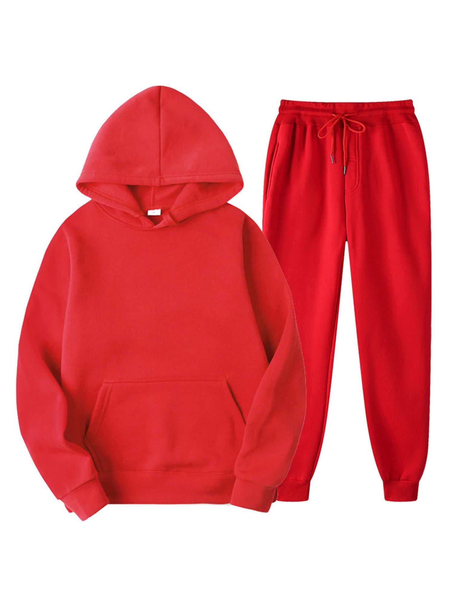Innerwin Hoodies And Sweatpant Set Solid Color Mens Tracksuit Winter Hooded Warm 2 Piece Hoodie Red XL