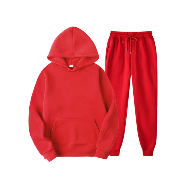 Innerwin Hoodies And Sweatpant Set Solid Color Mens Tracksuit Winter Hooded Warm 2 Piece Hoodie Red L