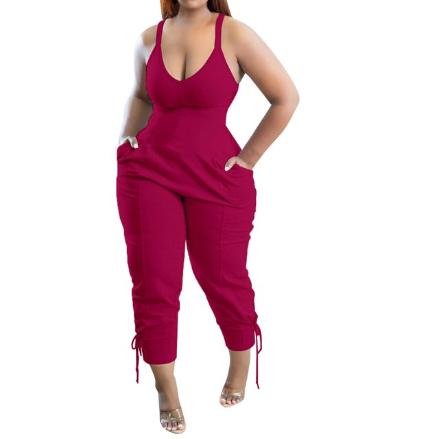 B91xZ Combinaisons Sans Manches Décontractées à Col en V pour Femmes, Bretelles Réglables, Jambes Larges, avec Poches, Rouge m