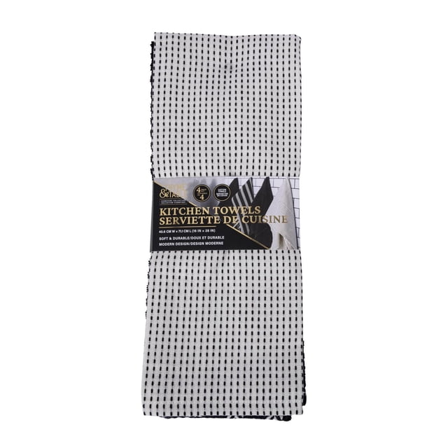 Thyme & Table 4-Pack Kitchen Towels with four folded white towels featuring black vertical dotted stripes, designed for absorbency and durability in kitchen linens, suitable for drying dishes and wiping surfaces, displayed with packaging label on a white background.
