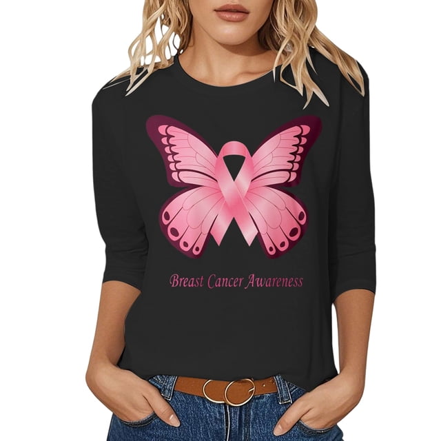 Fgnfyis T-Shirts pour Femmes Sensibilisation au Cancer Hauts Décontractés Col Rond Manches Trois Quarts Design Imprimé pour Quotidien Printemps Été Automne Célébrations Hauts pour Femmes Noir TG