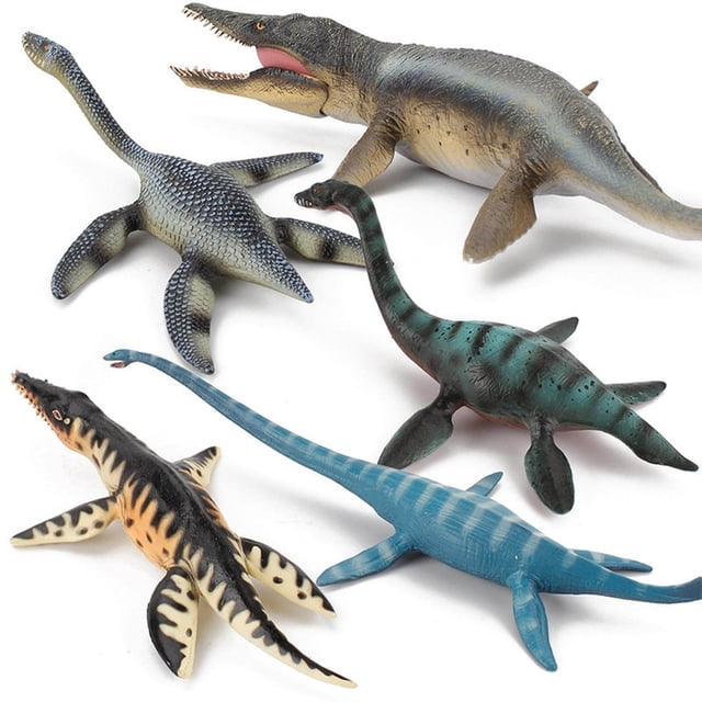 pitrice Sea Dinosaur Figures Prehistoric Animal Deep Sea Monster Toy Plesiosaur set featuring five detailed action figures. The toys include various plesiosaurs with textured bodies and vibrant colours such as blue, green, and beige. Perfect for imaginative play, dinosaur-themed collections, or educational activities.