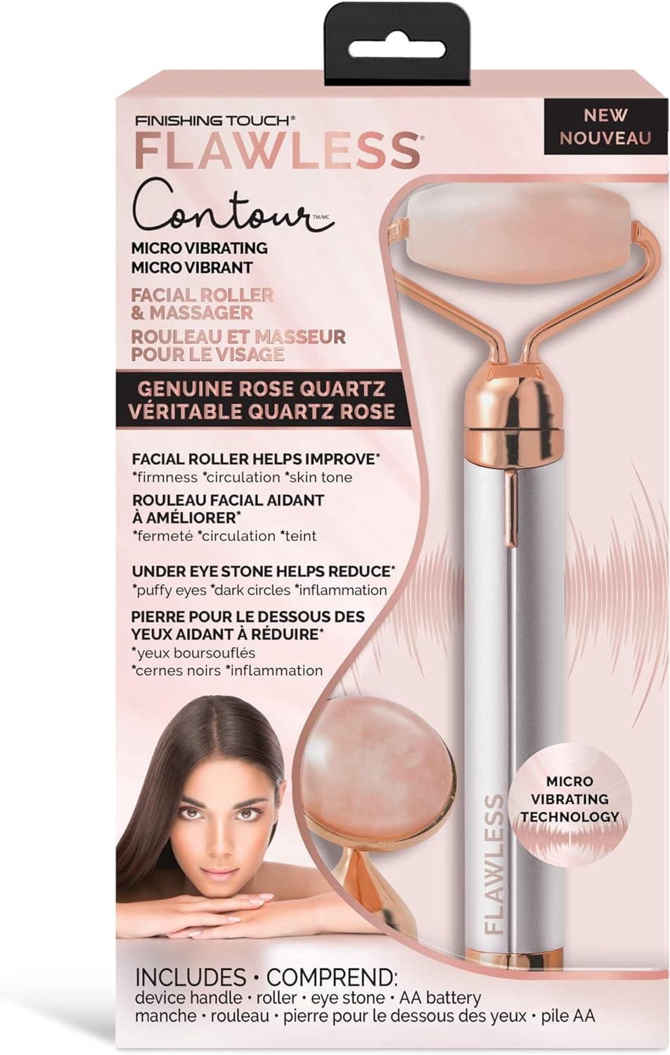 Finishing Touch Flawless Contour Vibrating Rose Quartz Facial Roller & Massager