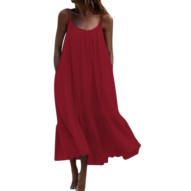 AherBiu Robe Maxi d'Été Sans Manches pour Femmes Grande Taille, Style Bohème, à Volants, Fluide, pour la Plage