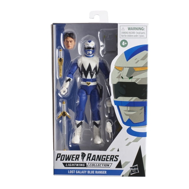 Power Rangers Lightning Collection Lost Galaxy Blue Ranger 6-inch collectible action figure in packaging, featuring the Blue Ranger in blue and white suit with black diamond pattern, swappable helmeted and unhelmeted heads, Quasar Saber and Dagger accessories, extra hands, and blast effect piece visible through clear window box with character artwork and branding.