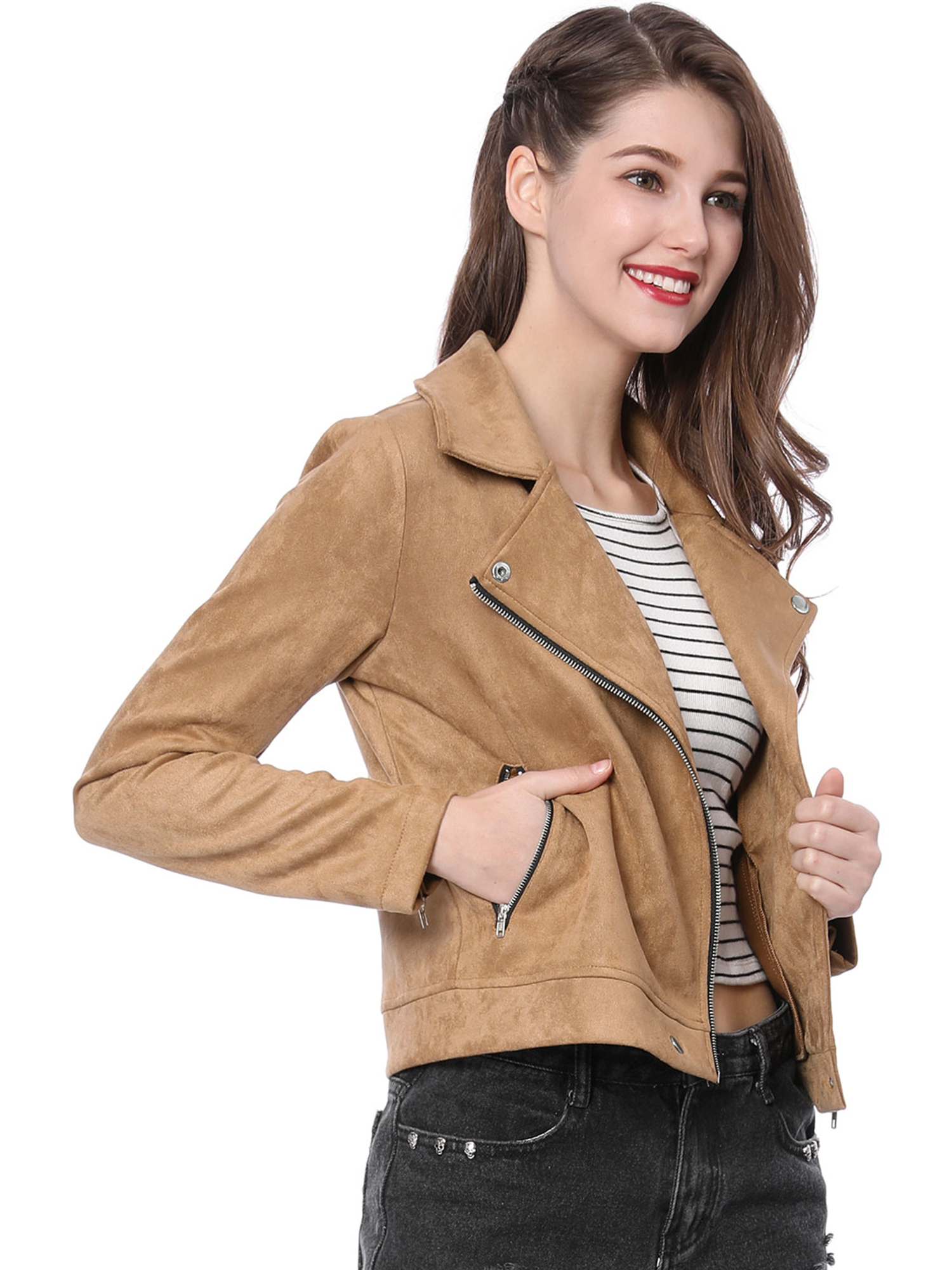 INSPIRE CHIC Women Short Soft Zip Up Faux Suede Biker Moto Jacket