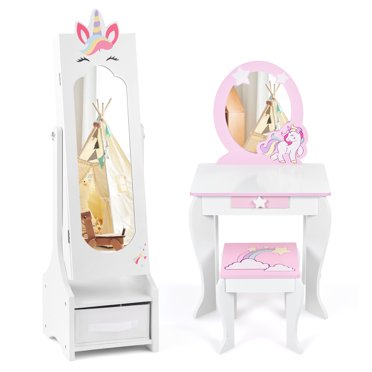 Costway Coiffeuse pour Enfants Ensemble de Princesse Table de Maquillage et Chaise avec Armoire à Bijoux Blanc