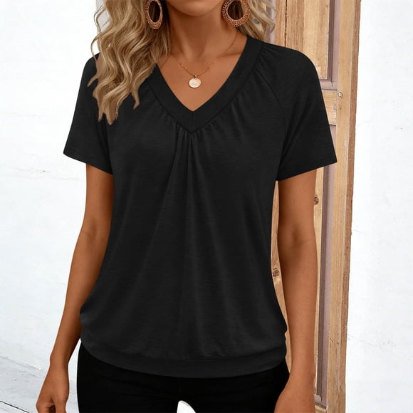 LVHAOGJOB Cotton Tees for Women Shirts Solid Color Pullover V Neck Tunic Womens Tops