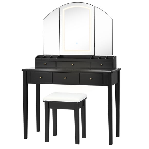 Costway Vanity Table Stool Set Large Tri-folding Lighted Mirror 6 Drawer Dresser Black