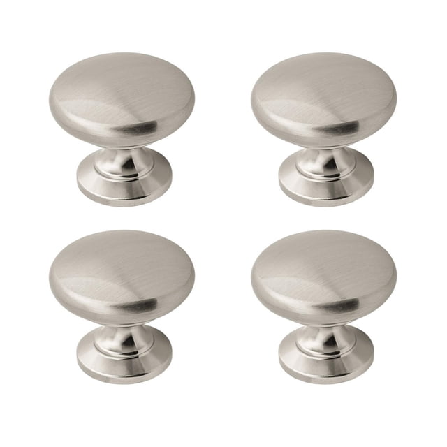 Era Simple Knob 4-Pack Satin Nickel with four round metal cabinet knobs in a satin nickel finish, each 1 inch in diameter, designed for easy installation on kitchen cabinets, bathroom vanities, or furniture, offering a versatile update for various decor styles.