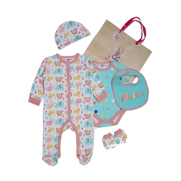 Lily and Jack Little Safari 5-Piece Layette Set – 100% Cotton Baby Essentials, Sleepsuit, Bodysuit & More – Adorable & Comfortable Gift for Baby Boys & Girls