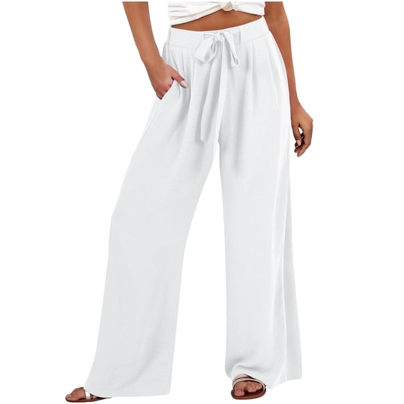 Tumotour Linen Wide Leg Pants for Women Solid Color Fashion Tie Pants Elastic High Waist Lightweight Breathable Casual Pants with Pockets Loose Flowy Beach Travel Vacation Pants