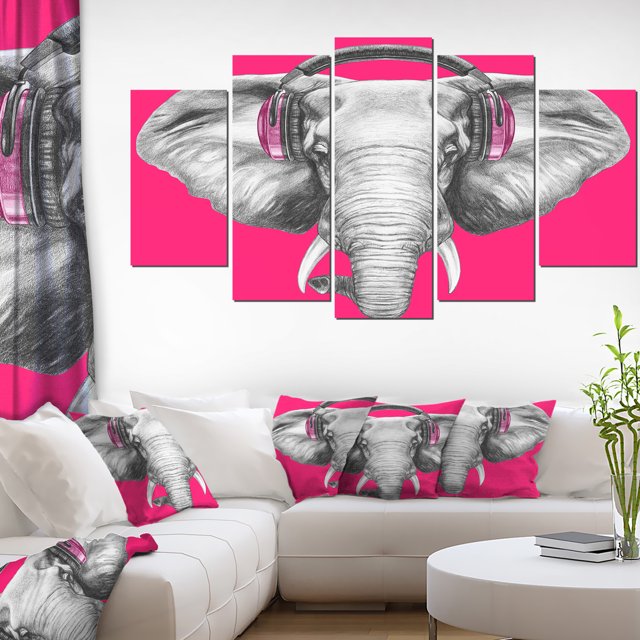 Elephant with Headphones - Contemporary Animal Art Canvas