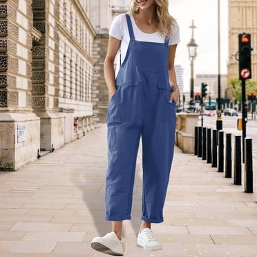 Cotton Linen Bib Overalls for Women Long, Baggy Rompers Jumpsuits Summer Cotton Rompers for Women 2024,Casual Solid Sleeveless Suspender Jumpsuits with Pockets