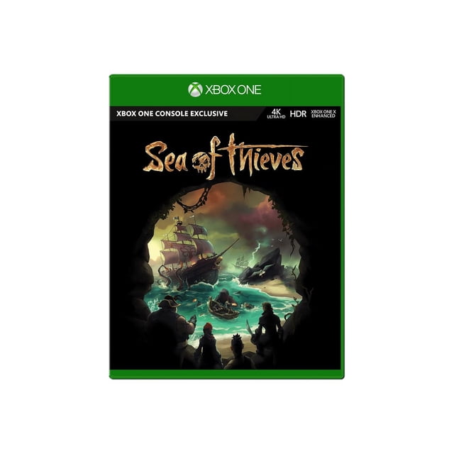 Sea of Thieves Microsoft Xbox One game cover Mettant en Vedette une illustration Vibrante d'Un Navire pirate Naviguant Près d'Une Île Rocheuse, Vue depuis une Ouverture de Grotte. le Premier Plan Montre Trois pirates Observant la Scène, avec le Titre du Jeu Bien en Vedette au-Dessus. la Boîte Met en Valeur des Fonctionnalités comme la Compatibilité 4K Ultra HD et HDR, et Elle Est Améliorée Xbox One X.