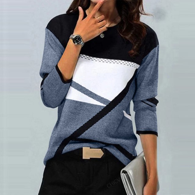 Jsaierl 2024 Automne Hauts à Manches Longues pour Femmes Col Rond Confortables T-Shirts Graphiques Géométriques Tendance Chemises Amples Décontractées Habillées Blouses de Travail