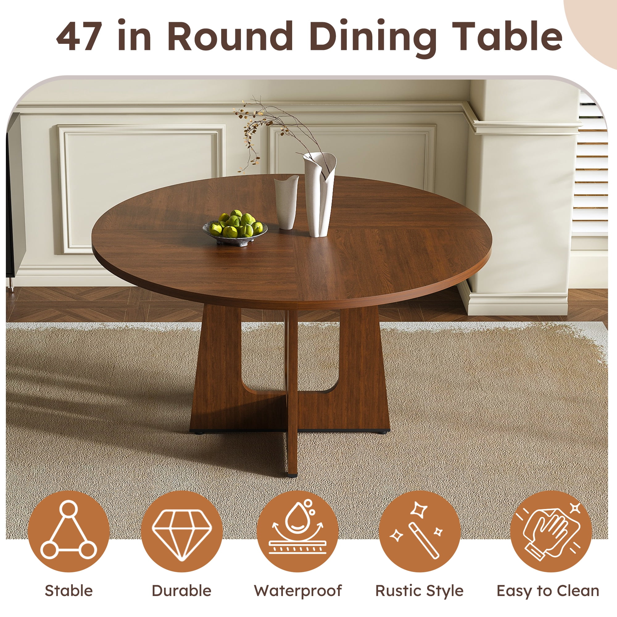 Noble House 47" Round Dining Table for 4,Farmhouse MDF Circle Table with Wood Grain Finish,Walnut