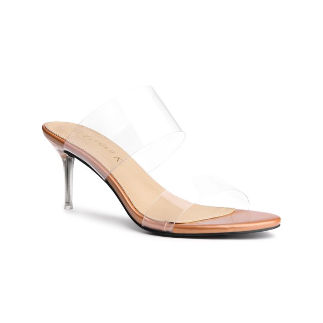 BLISSFUL STEP Women's Clear Slide Stiletto Heels Open Toe Slip On Sandals Rose Gold 10