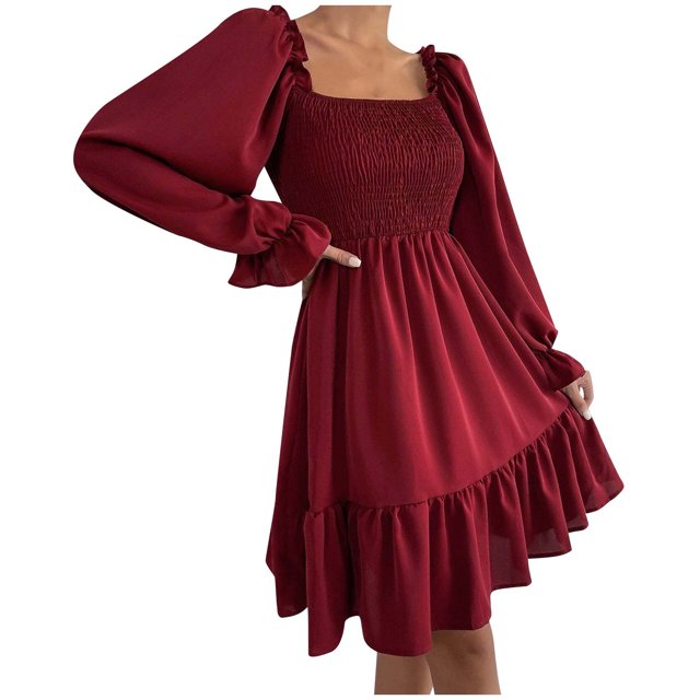 cfhntfmh Robes pour Femmes Mode Col Carré Robe Midi Froncée Décontractée Ample Manches Longues Ourlet à Volants Robe de Cocktail