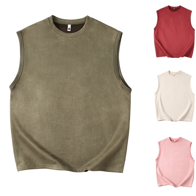 Qertyioot Gilet Sans Manches en Suède pour Hommes, Col Rond, Coupe Ample