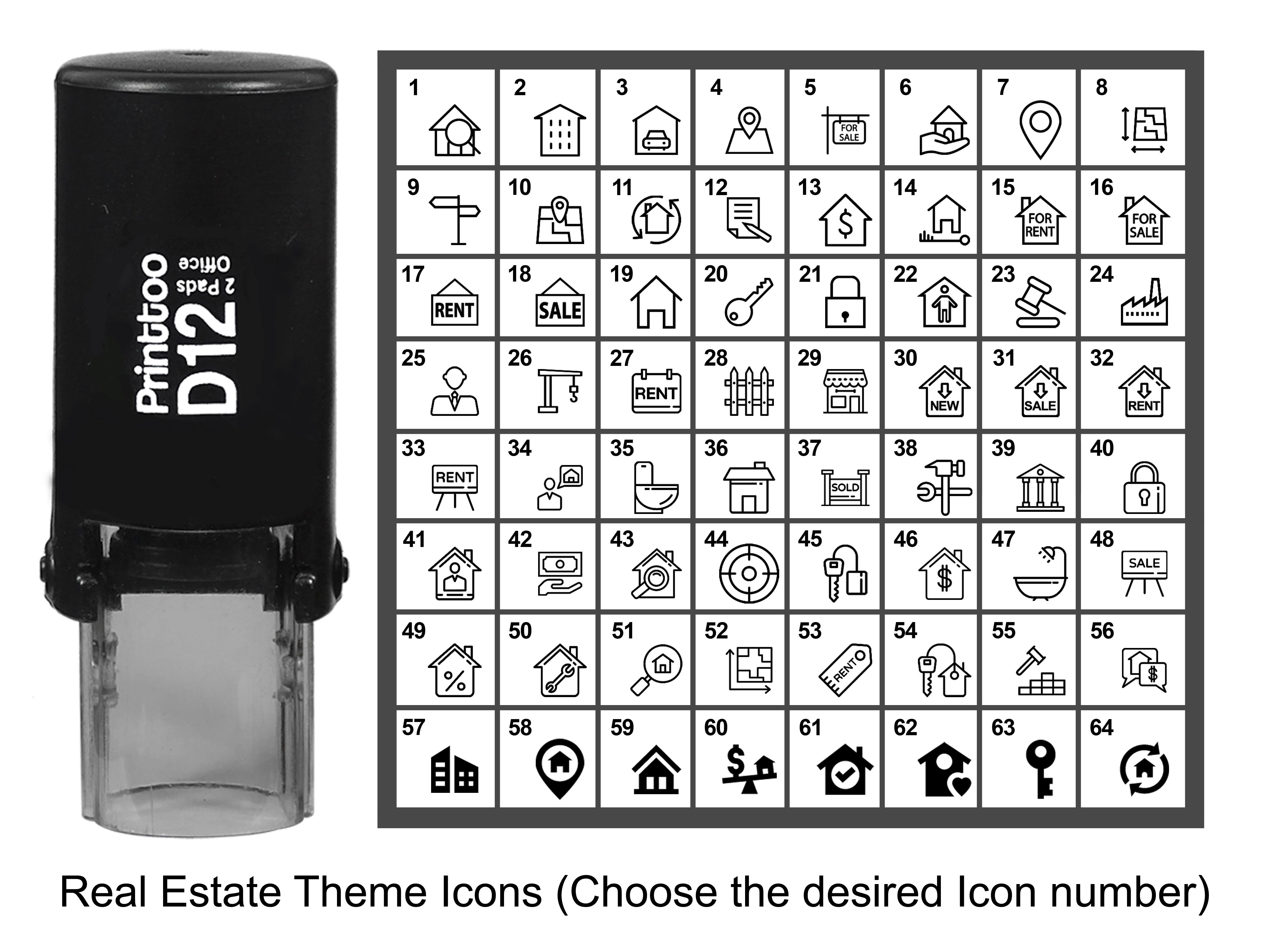 Printtoo Personalized Real Estate Theme Icons Round Rubber Stamp Self Inking Stamper 12 mm-Black