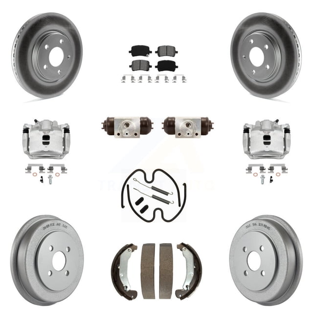 Transit Auto Front Rear Disc Brake Caliper Coated Rotors Drums Semi-Metallic Pads Shoes Wheel Cylinders and Hardware Kit (11Pc) for Car 2006 Pontiac Pursuit 2.2L with Brakes KCG-100360S