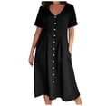 thumbnail image 1 of biudgviw Robe pour Femme Grande Taille en Coton et Lin à Manches Courtes, Col en V, Chemise Boutonnée, Robes d'Été Décontractées, Robe Midi, 1 of 7
