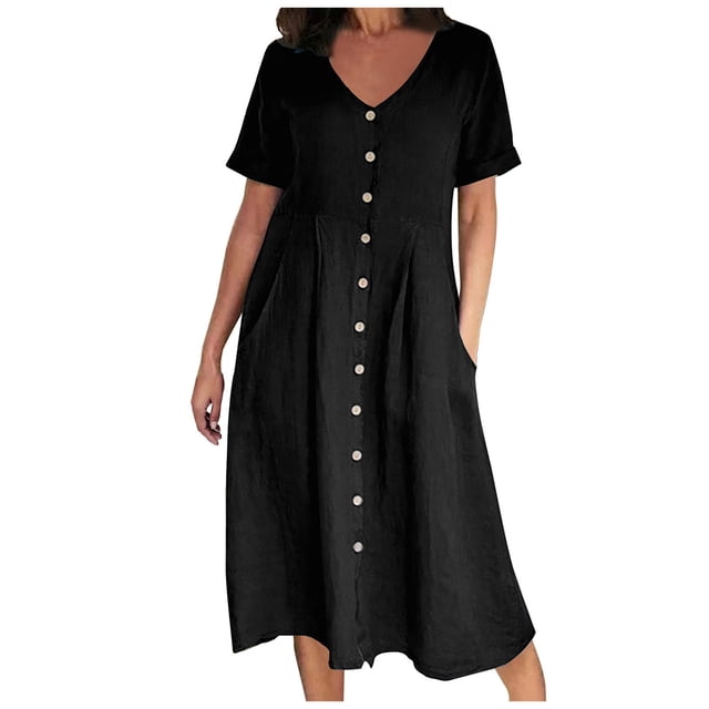 biudgviw Robe pour Femme Grande Taille en Coton et Lin à Manches Courtes, Col en V, Chemise Boutonnée, Robes d'Été Décontractées, Robe Midi