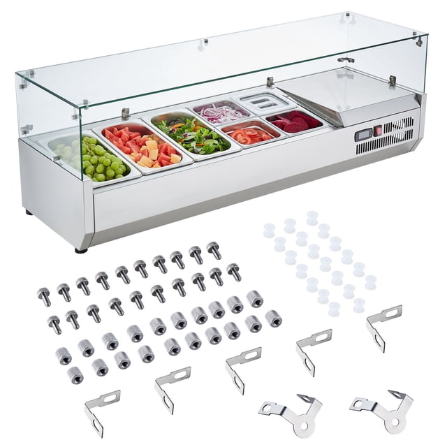KFFKFF Cooling Topping Bar, 140W Counter Model with 3 Large & 4 Small Containers, Durable 304 Stainless Frame & Clear PC Cover, Ideal for Sandwich Toppings, Certified by ETL