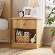 Fluted Nightstand with Drawer Mid-Century Modern Light Wood Bedside Table with Open Shelf Storage Side Table with Curved Edge Base for Bedroom and Living Room