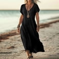 thumbnail image 2 of UPPADA Robe d'Été pour Femme Grande Taille en Coton et Lin, Robe Maxi Fluide à Manches Courtes, Robe Décontractée Style Sundress à Col en V, Taille Portefeuille, Robes Fluides de Plage, Robe Mini à Fleurs Noire, G, 2 of 6