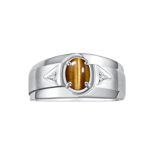 RYLOS Men's Rings 14K White Gold Classic 7X5MM Oval Gemstone & Diamond Ring Tiger Eye November Birthstone Rings For Men, Gold Rings Size 13