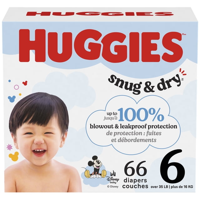 Huggies Snug & Dry Baby Diapers Size 6 (35+ lbs), 66 Count box featuring Disney baby Mickey Mouse design, up to 100% blowout and leakproof protection, CloudSoft absorbent layers, curved stretchy fit, and wetness indicator for sensitive skin.