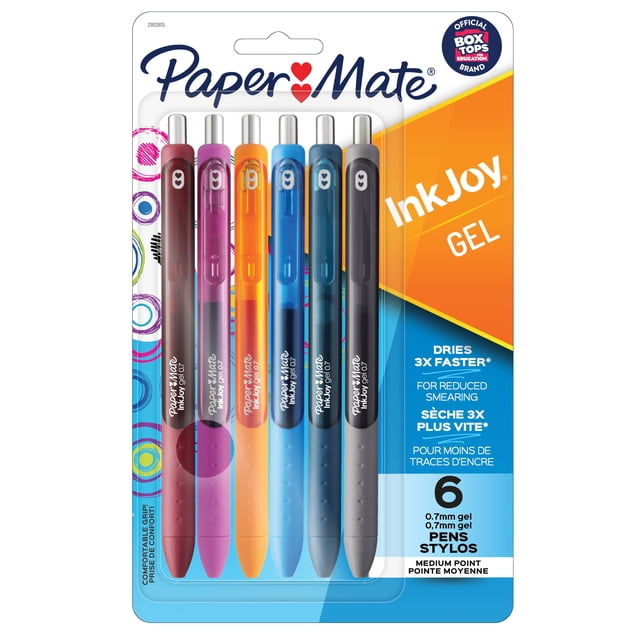 Paper Mate InkJoy Gel Pens, Medium Point (0.7 mm), Retractable, Assorted Colours, 6 Count, showing six gel pens in red, pink, orange, light blue, dark blue, and grey with ergonomic comfort grips and silver click tops, featuring smooth gel ink that dries 3X faster for reduced smearing, suitable for smooth writing and note-taking.