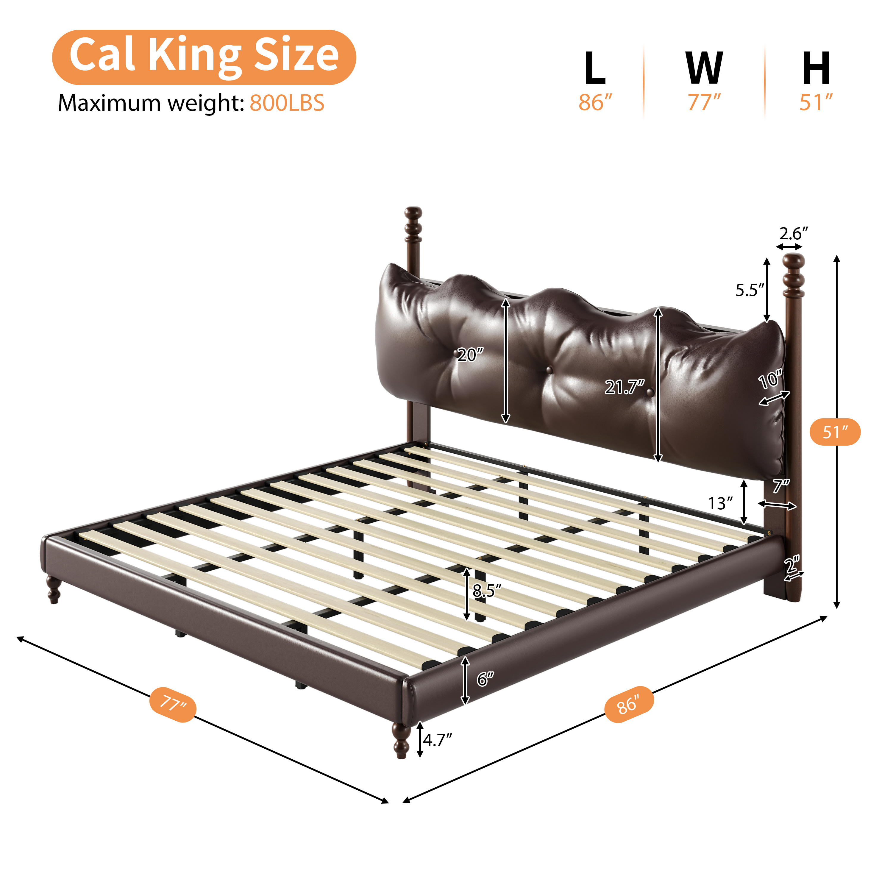 Noble House Lit Plateforme Grand Rembourré avec Tête de Lit, Cadre de Lit en Cuir PU avec Poteaux en Bois, Brun